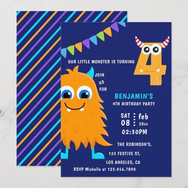 Invitation Fête d'anniversaire du petit garçon monstre 4 ans (Devant / Derrière)