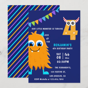 Invitation Fête d'anniversaire du petit garçon monstre 4 ans