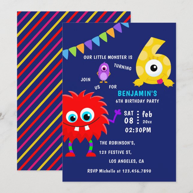 Invitation Fête d'anniversaire du petit garçon monstre 6 ans (Devant / Derrière)