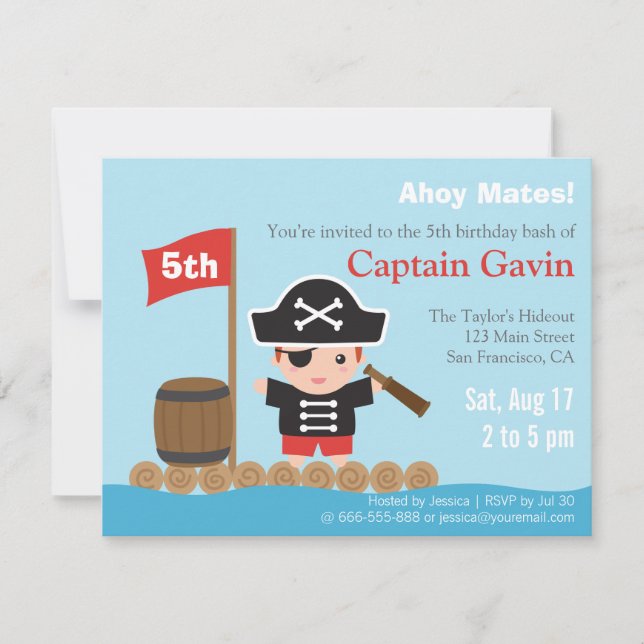 Invitation Fête d'anniversaire du petit garçon pirate mignon (Devant)