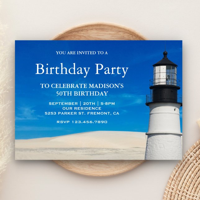 Invitation Fête d'anniversaire du phare de la plage de sable  (Créateur téléchargé)