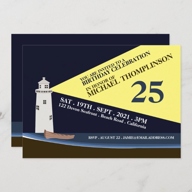 Invitation Fête d'anniversaire du phare de nuit, plage (Devant / Derrière)