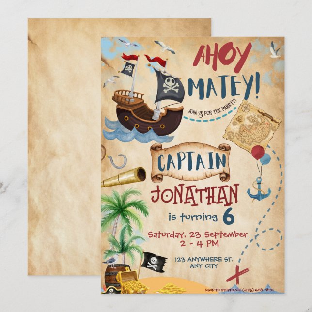 Invitation Fête d'anniversaire du Pirate (Devant / Derrière)