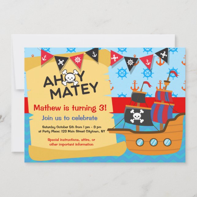 Invitation Fête d'anniversaire du pirate, Ahoy Matey (Devant)