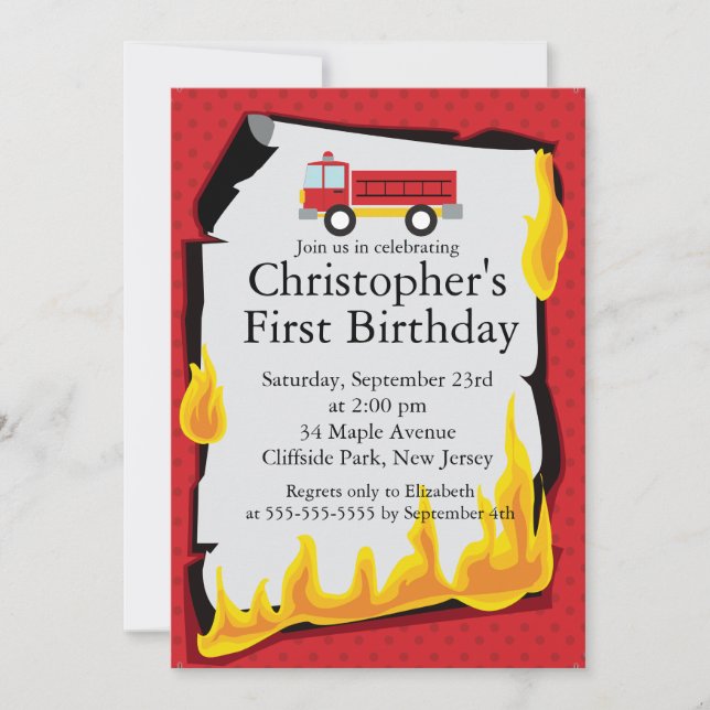 Invitation Fête d'anniversaire du pompier de camionnette (Devant)