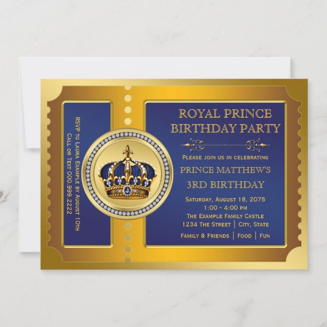 Invitation Fête d'anniversaire du prince bleu royal et or (Devant)