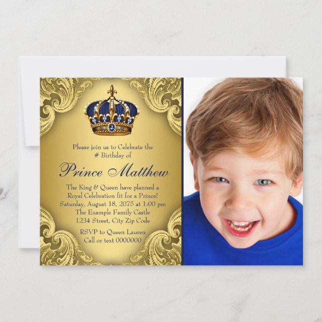 Invitation Fête d'anniversaire du Prince Couronne d'Or Bleu (Devant)