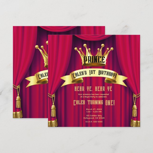 Invitation Fête d'anniversaire du prince héritier royal Rouge (Devant / Derrière)