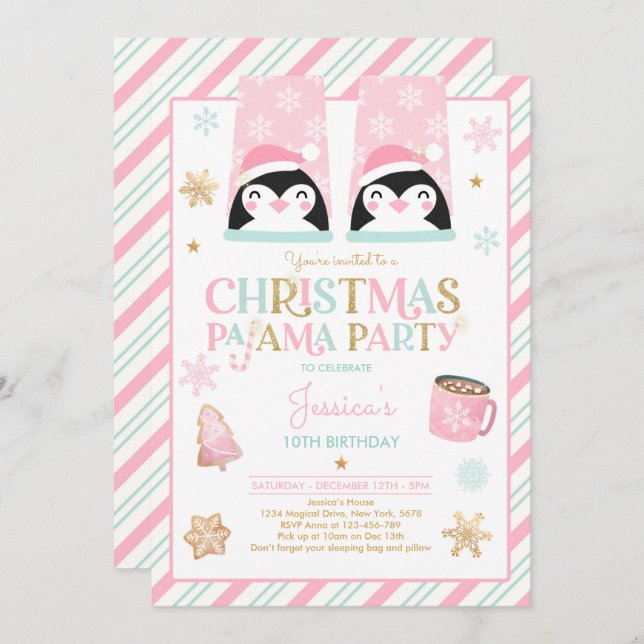 Invitation Fête d'anniversaire du pyjama de Noël rose et or (Devant / Derrière)