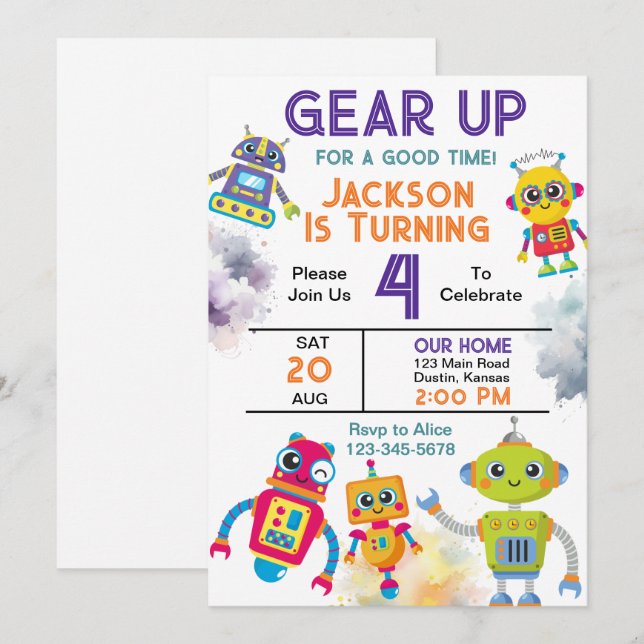Invitation Fête d'anniversaire du robot mise en route (Devant / Derrière)
