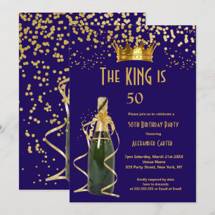 Invitation Fête d'anniversaire du roi homme Champagne bleu ro