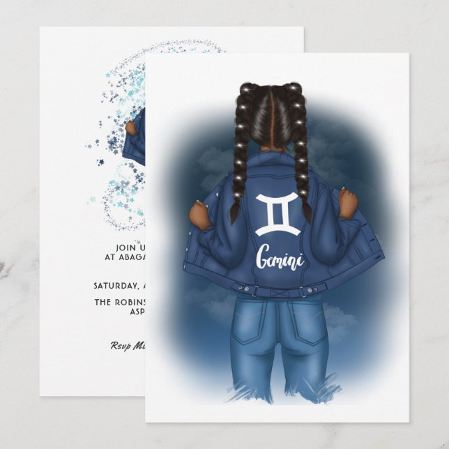Invitation Fête d'anniversaire du signe du zodiaque Gémeaux a (Devant / Derrière)
