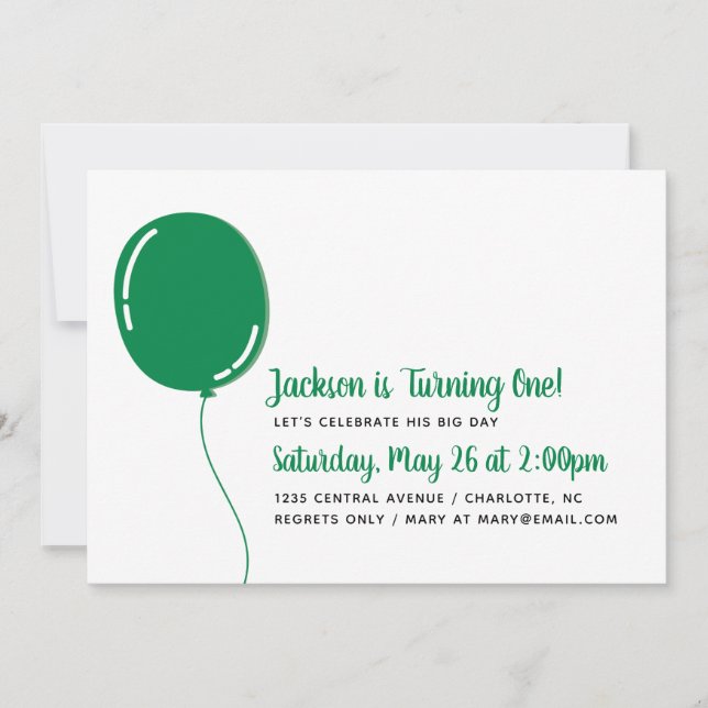 Invitation Fête d'anniversaire du Simple Green Ballon moderne (Devant)