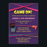 Invitation Fête d'anniversaire du Tag laser de fille<br><div class="desc">Une invitation amusante au laser qui dit "Game On"!  Les couleurs du néon,  les poutres au laser,  les pistolets et les gilets sont représentés. Le thème violet et rose en fait un thème particulièrement féminin. Personnalisez cette invitation pour la fête d'anniversaire d'une fille.</div>
