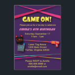 Invitation Fête d'anniversaire du Tag laser de fille<br><div class="desc">Une invitation amusante au laser qui dit "Game On"!  Les couleurs du néon,  les poutres au laser,  les pistolets et les gilets sont représentés. Le thème violet et rose en fait un thème particulièrement féminin. Personnalisez cette invitation pour la fête d'anniversaire d'une fille.</div>