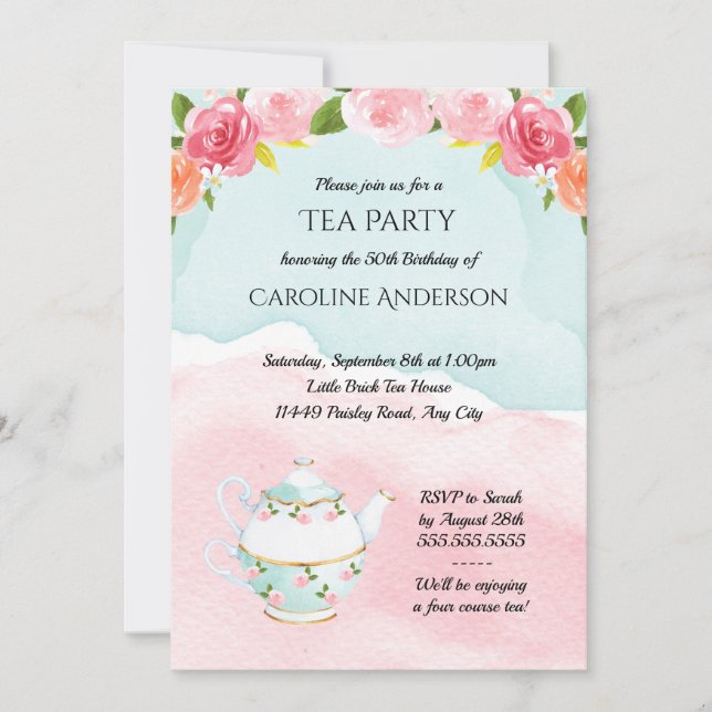 Invitation Fête d'anniversaire du Tea Party Watercolor (Devant)