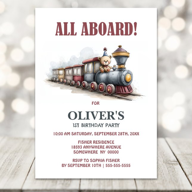 Invitation Fête d'anniversaire du Teddy Bear Train 1ère année (Créateur téléchargé)