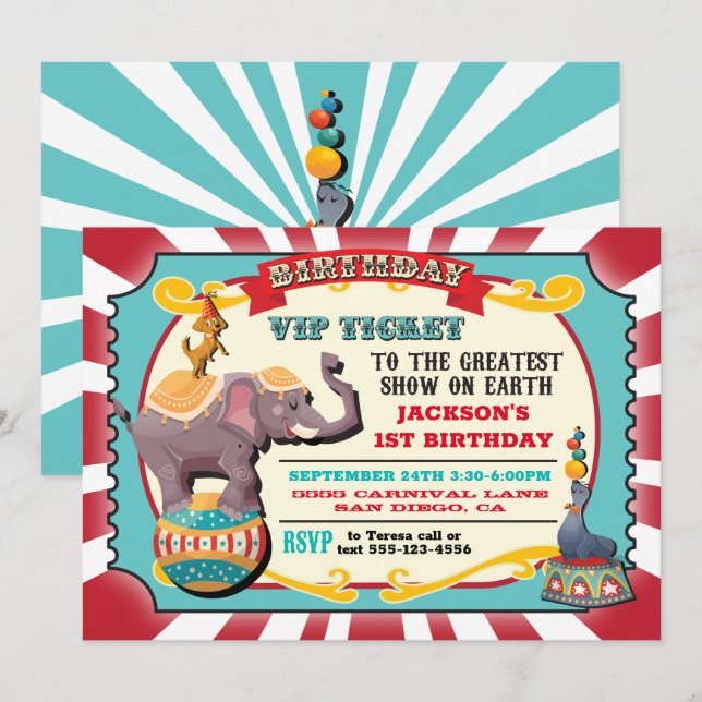 Invitation Fête d'anniversaire du ticket VIP Circus (Devant / Derrière)