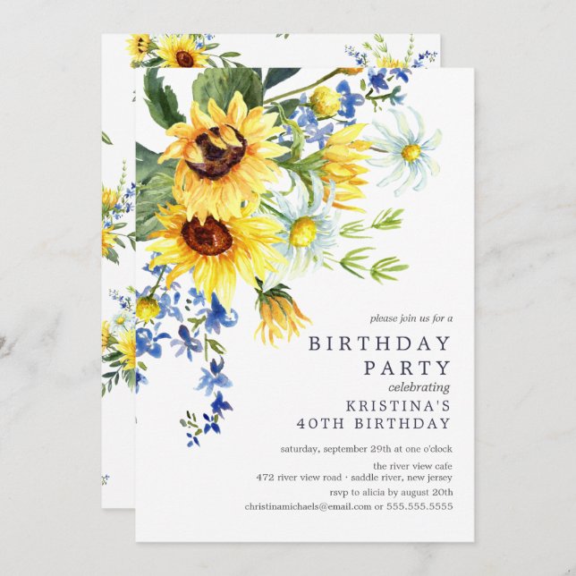 Invitation Fête d'anniversaire du tournesol jaune joyeux (Devant / Derrière)