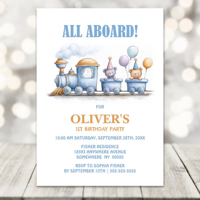 Invitation Fête d'anniversaire du train à vapeur bleu 1 an (Créateur téléchargé)