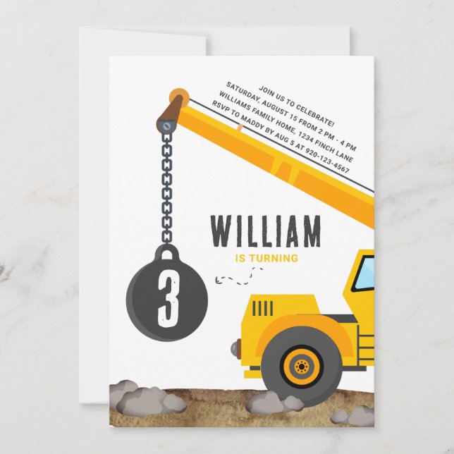 Invitation Fête d'anniversaire du véhicule de la grue de cons (Devant)