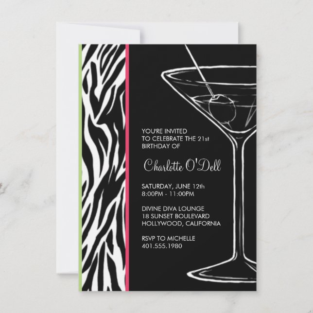 Invitation fête d'anniversaire du zebra print martini (Devant)