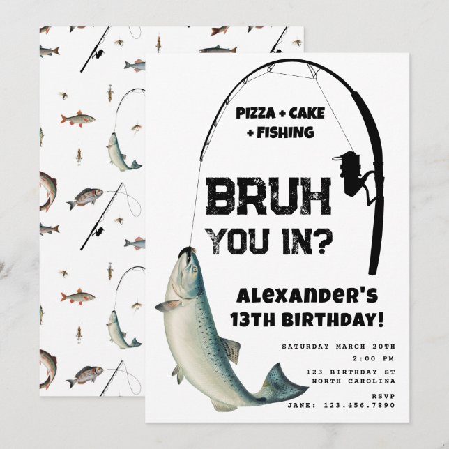 Invitation Fête d'anniversaire d'un adolescent, pêche de Bruh (Devant / Derrière)