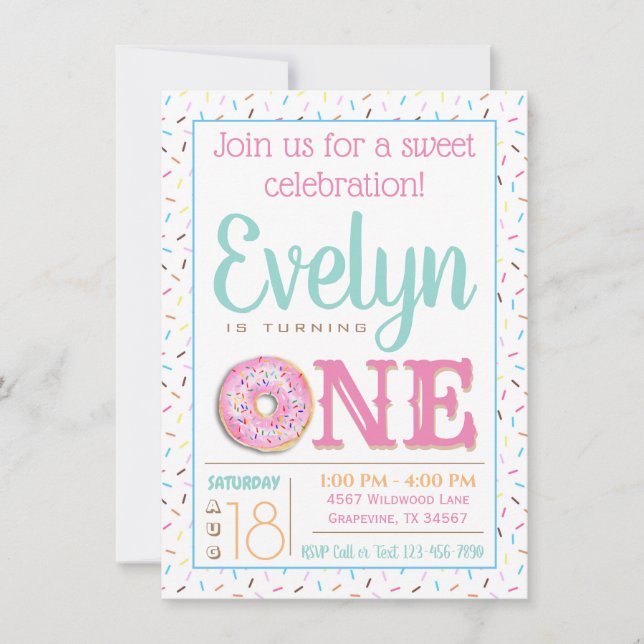 Invitation Fête d'anniversaire d'un an avec donut rose (Devant)