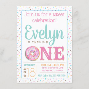 Invitation Fête d'anniversaire d'un an avec donut rose