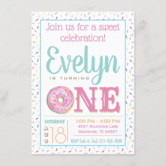 Invitation Fête d'anniversaire d'un an avec donut rose