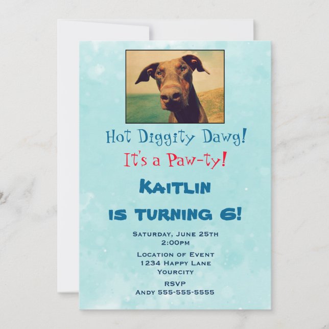 Invitation Fête d'anniversaire d'un enfant avec un Doberman m (Devant)