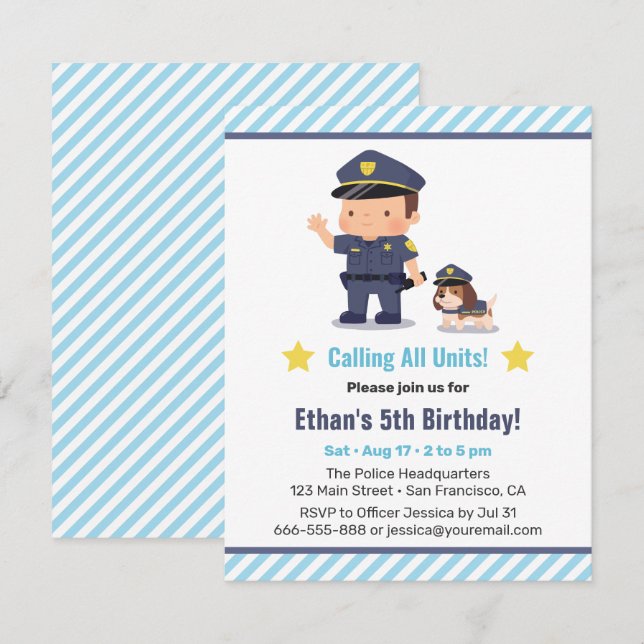 Invitation Fête d'anniversaire d'un gentil garçon de police e (Devant / Derrière)