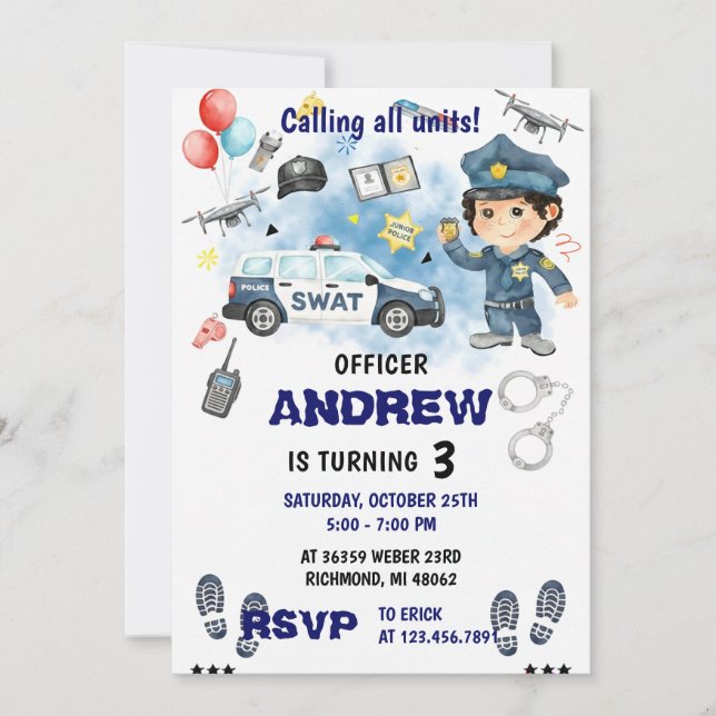 Invitation Fête d'anniversaire d'un policier moderne personne (Devant)
