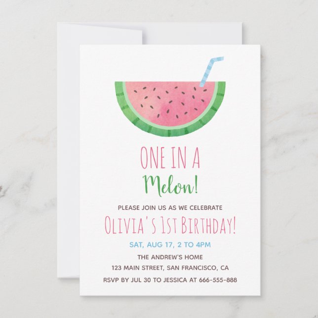 Invitation Fête d'anniversaire d'une année avec pastèque One  (Devant)