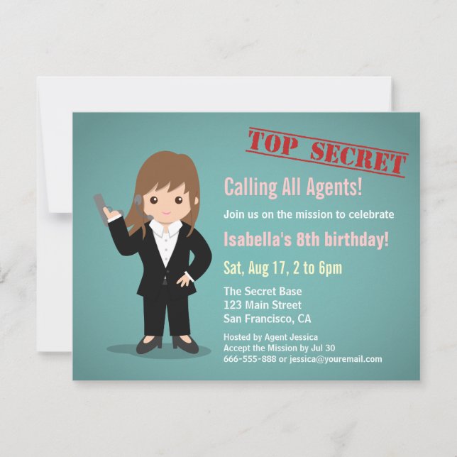 Invitation Fête d'anniversaire d'une fille agent secret (Devant)