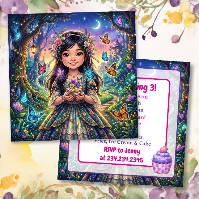 Invitation Fête d'anniversaire d'une fille asiatique, papillo (Créateur téléchargé)