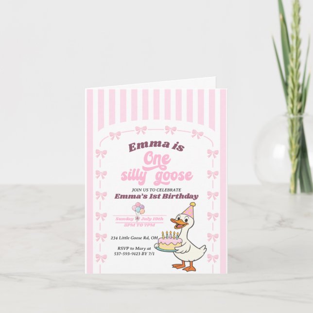 Invitation Fête d'anniversaire d'une fille avec un ruban rose (Devant)