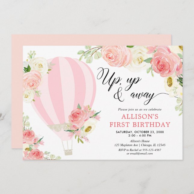 Invitation Fête d'anniversaire d'une montgolfière à crème ros (Devant / Derrière)