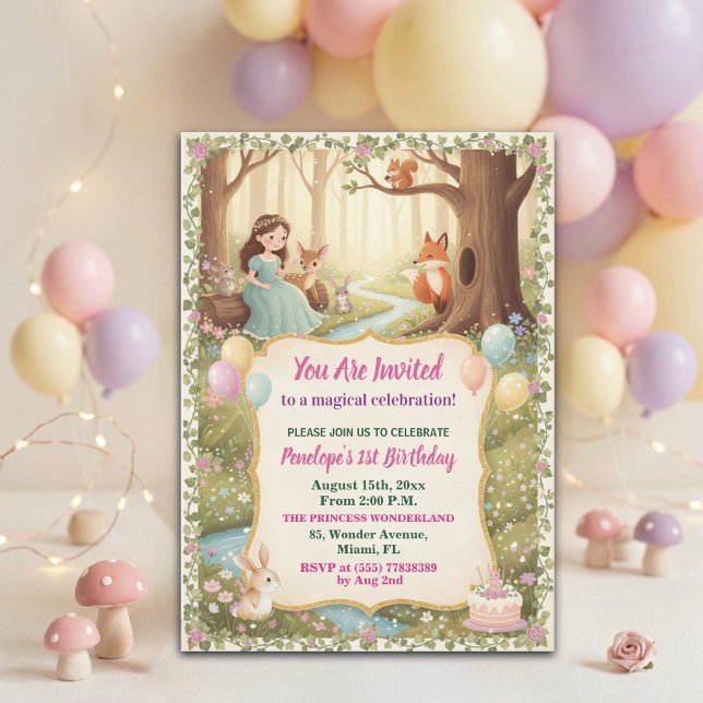Invitation Fête d'anniversaire d'une princesse avec des anima (Créateur téléchargé)