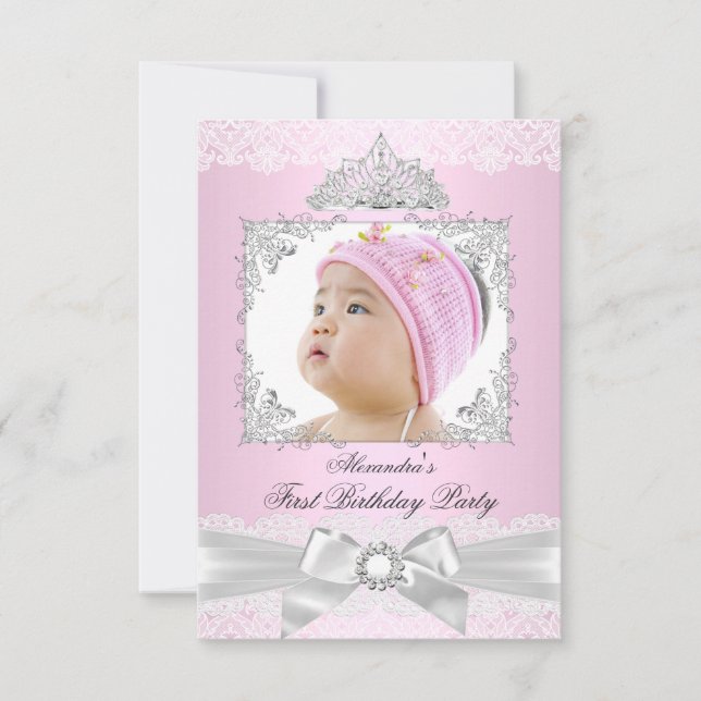 Invitation Fête d'anniversaire d'une princesse rose et argent (Devant)