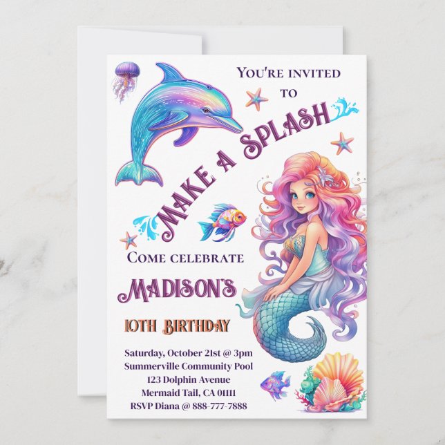 Invitation Fête D'Anniversaire D'Une Sirène De Splash (Devant)