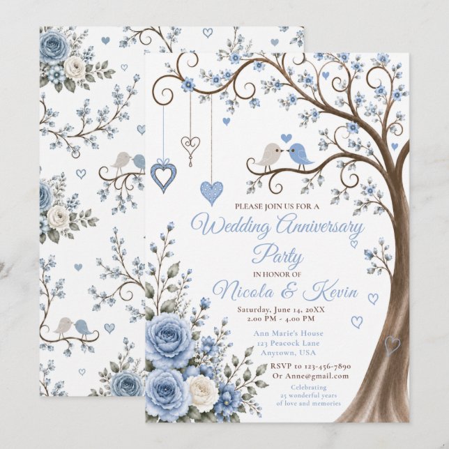 Invitation Fête d'anniversaire Dusty Blue Blossom (Devant / Derrière)