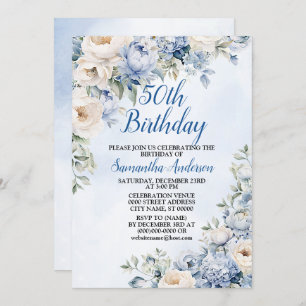 Invitation Fête d'anniversaire Dusty Blue Watercolor Fleurs d