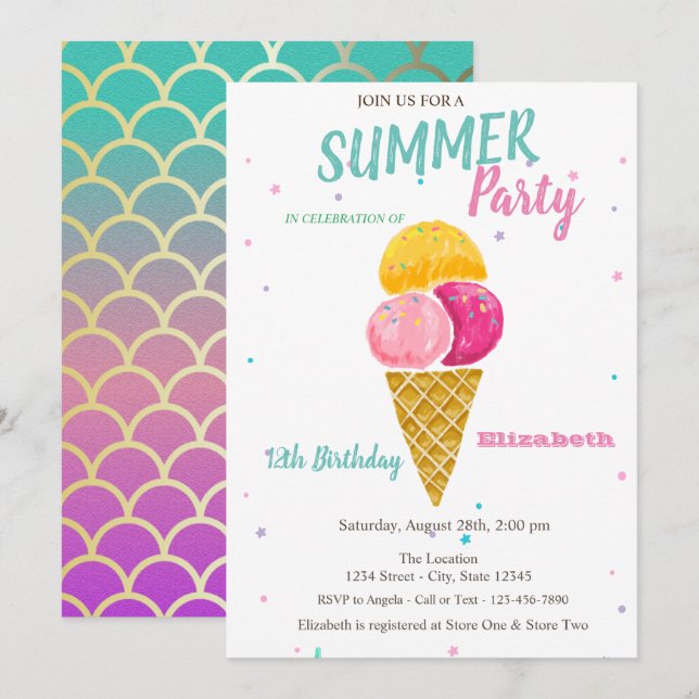 Invitation Fête d'anniversaire écailles de sirène glace à l'e (Devant / Derrière)