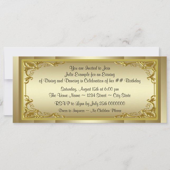 Invitation Fête d'anniversaire élégant billet d'or (Devant)