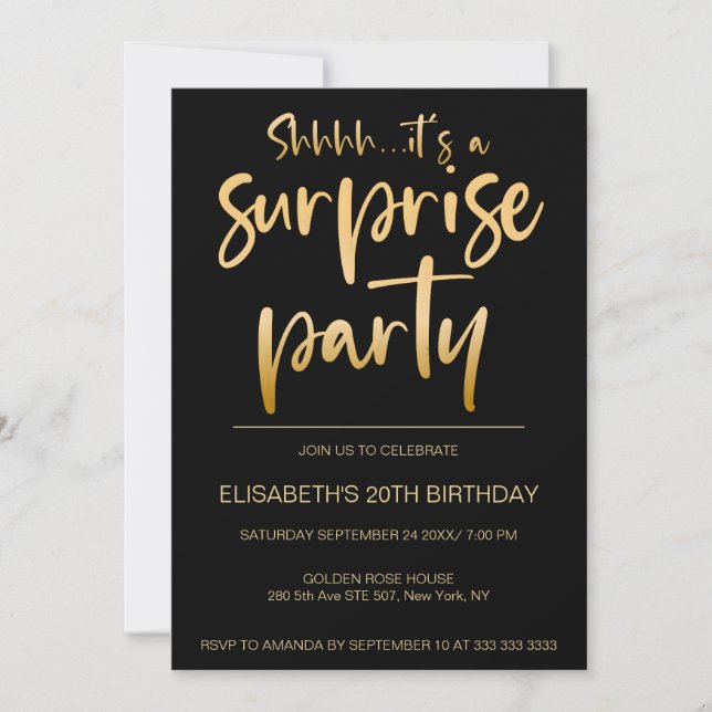 Invitation Fête d'anniversaire Elegant Black Gold Surprise (Devant)