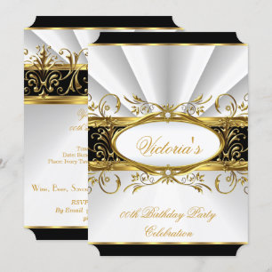 Invitation Fête d'anniversaire Élégant Blanc Or Floral Noir 3
