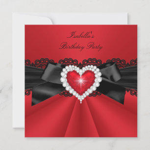 Invitation Fête d'anniversaire élégant cœur rouge noir