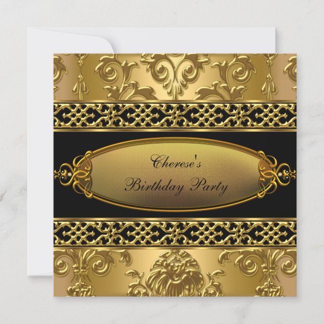Invitation Fête d'anniversaire Elegant Damask Gold Black 3 (Devant)
