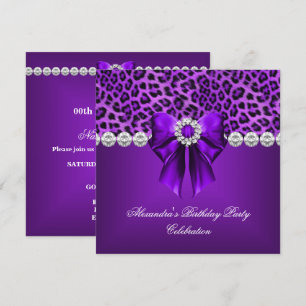 Invitation Fête d'anniversaire élégant léopard violet bow dia